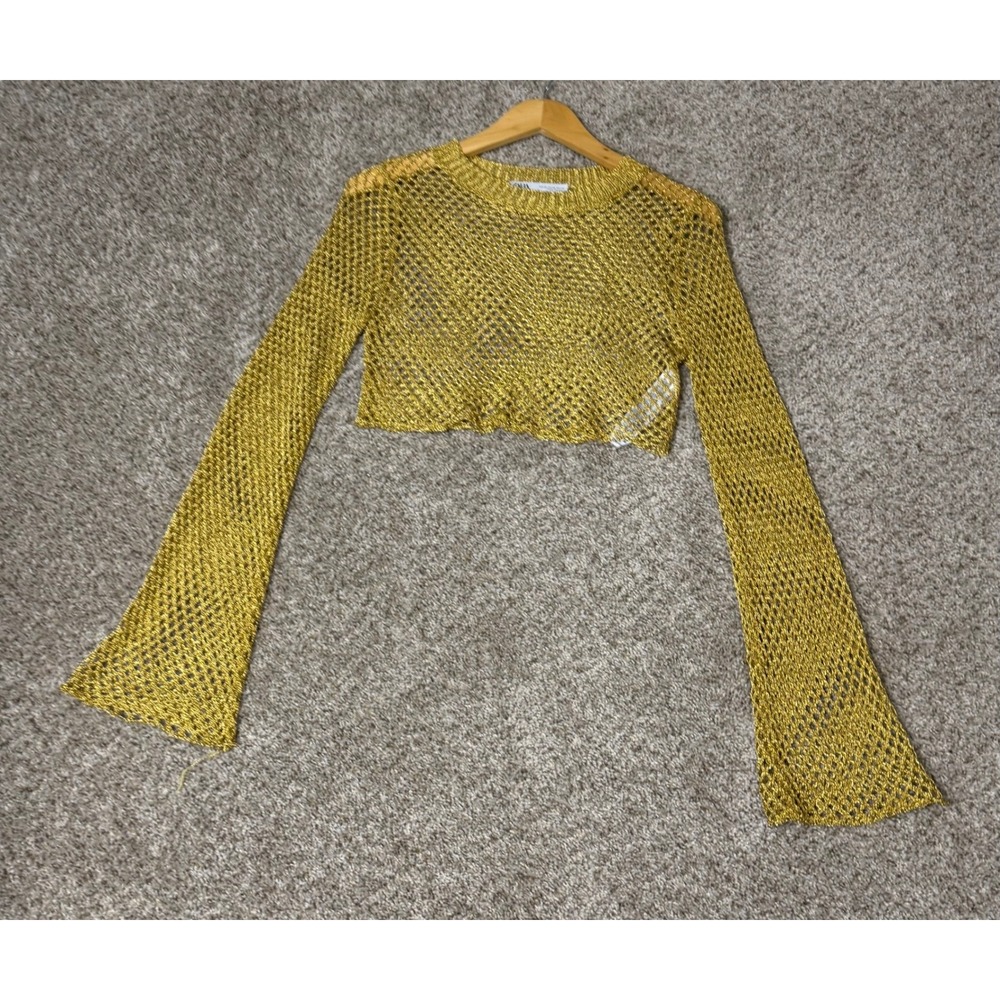 Zara Gold Metallic Open Knit Crop Top Long Bell Sleeve Mesh Shimmer XS